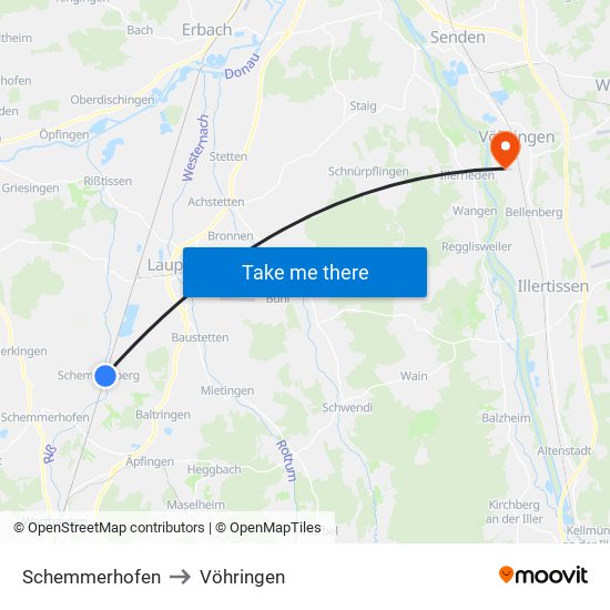 Schemmerhofen to Vöhringen map