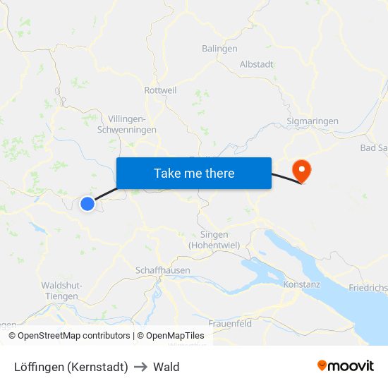 Löffingen (Kernstadt) to Wald map