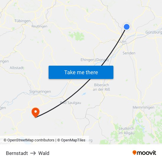 Bernstadt to Wald map