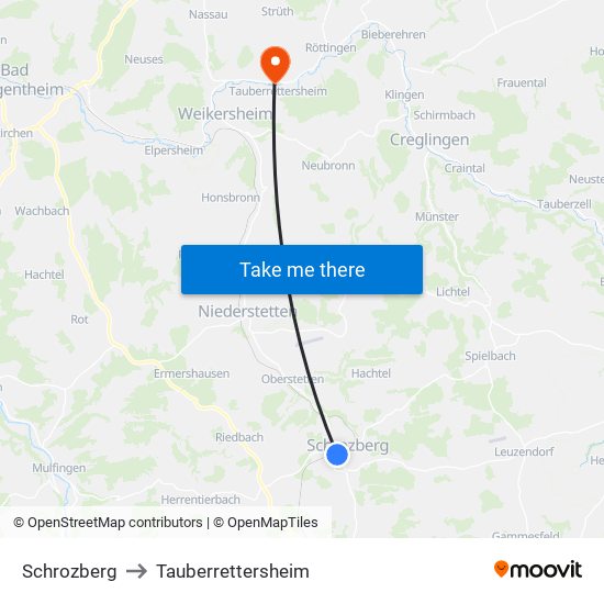 Schrozberg to Tauberrettersheim map