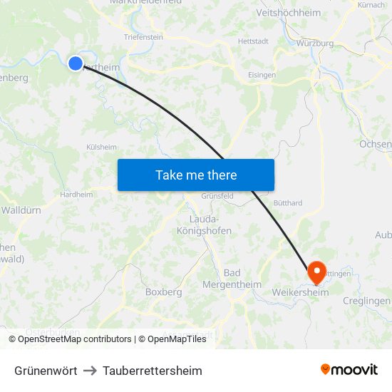 Grünenwört to Tauberrettersheim map