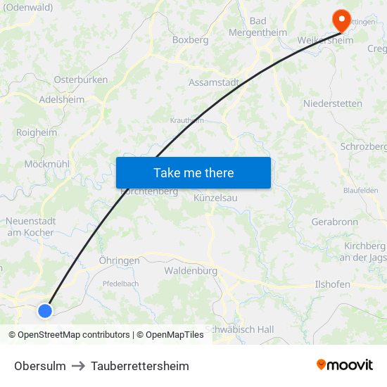 Obersulm to Tauberrettersheim map