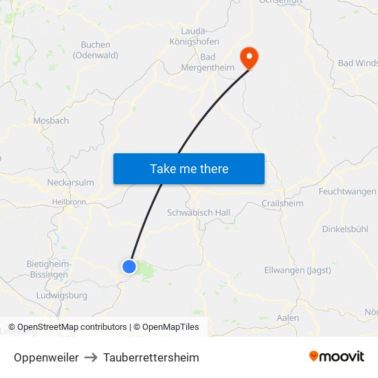 Oppenweiler to Tauberrettersheim map