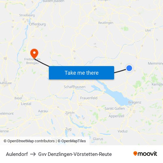 Aulendorf to Gvv Denzlingen-Vörstetten-Reute map