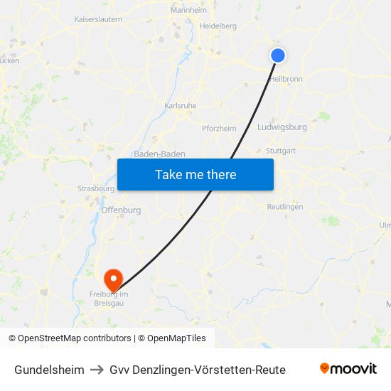 Gundelsheim to Gvv Denzlingen-Vörstetten-Reute map