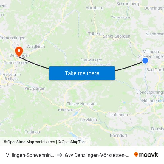 Villingen-Schwenningen to Gvv Denzlingen-Vörstetten-Reute map