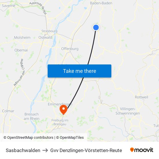 Sasbachwalden to Gvv Denzlingen-Vörstetten-Reute map