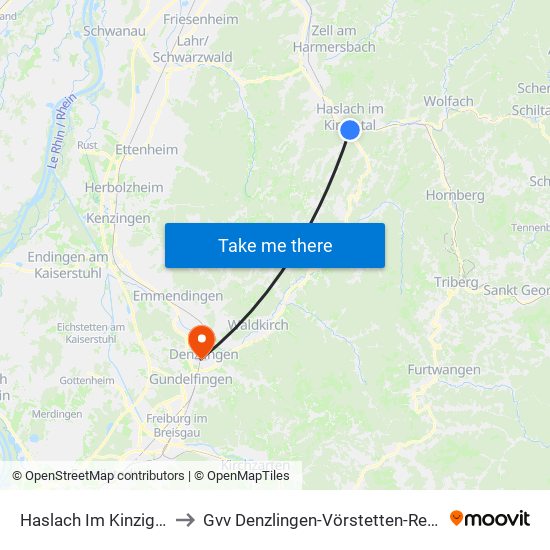 Haslach Im Kinzigtal to Gvv Denzlingen-Vörstetten-Reute map