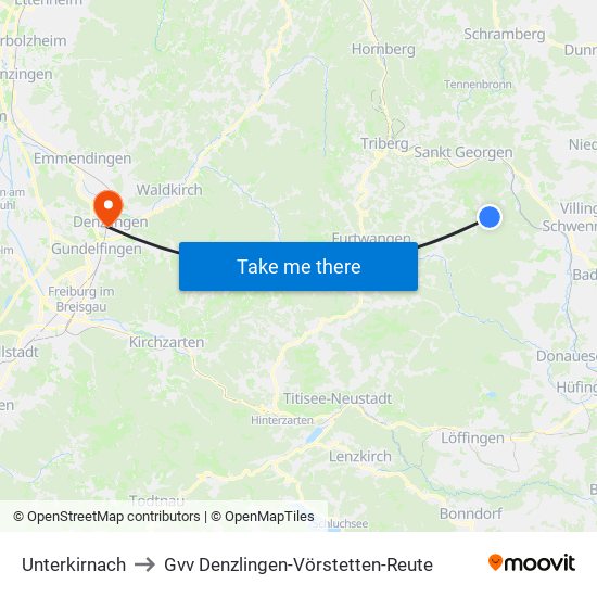 Unterkirnach to Gvv Denzlingen-Vörstetten-Reute map