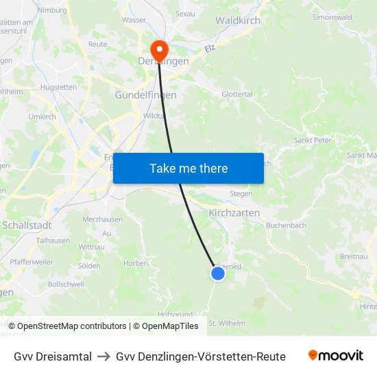 Gvv Dreisamtal to Gvv Denzlingen-Vörstetten-Reute map