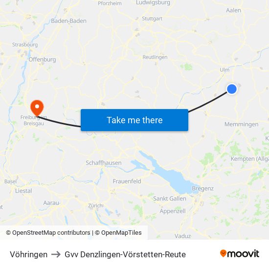 Vöhringen to Gvv Denzlingen-Vörstetten-Reute map