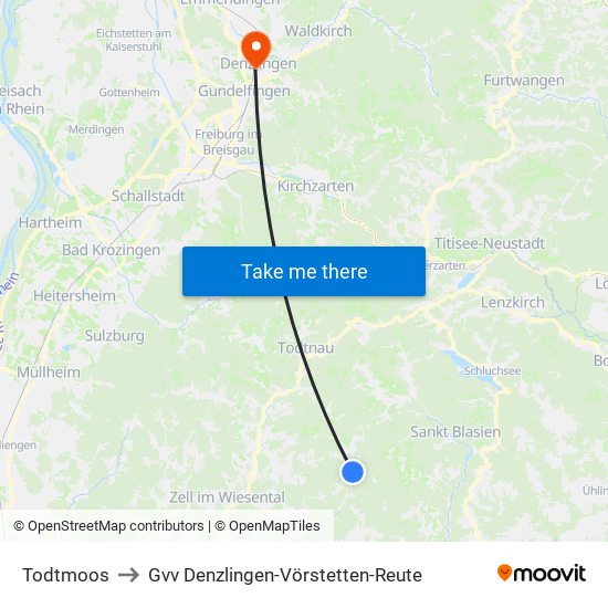 Todtmoos to Gvv Denzlingen-Vörstetten-Reute map