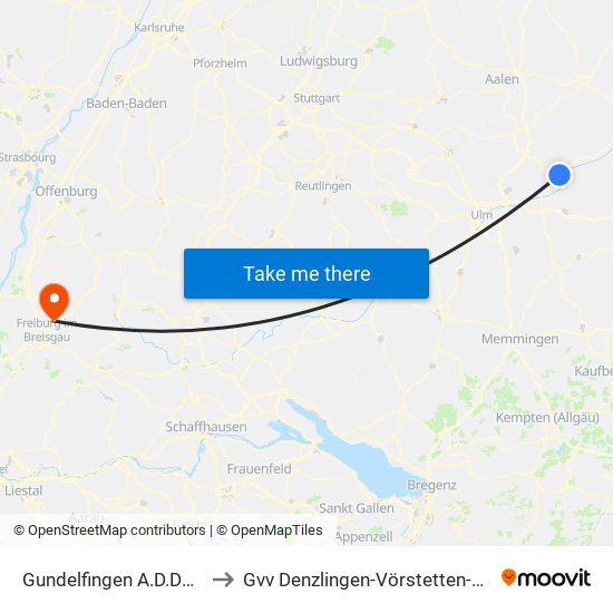 Gundelfingen A.D.Donau to Gvv Denzlingen-Vörstetten-Reute map