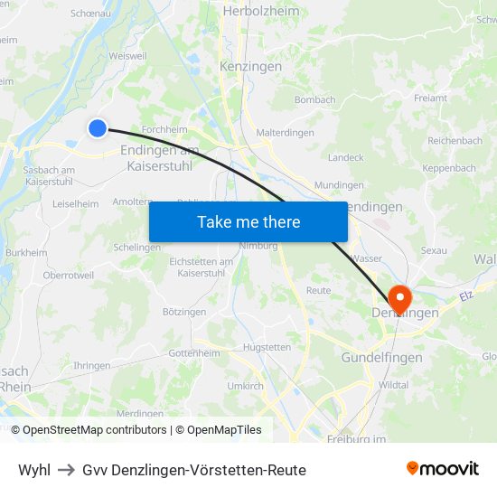 Wyhl to Gvv Denzlingen-Vörstetten-Reute map