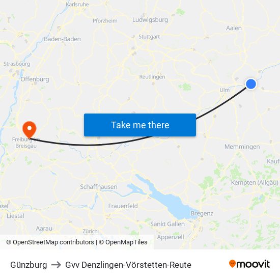 Günzburg to Gvv Denzlingen-Vörstetten-Reute map