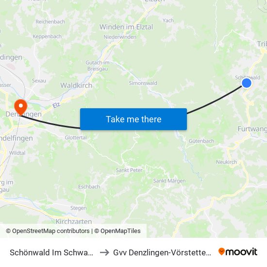 Schönwald Im Schwarzwald to Gvv Denzlingen-Vörstetten-Reute map