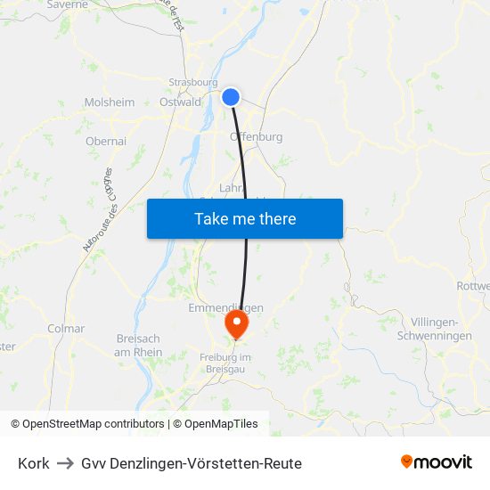 Kork to Gvv Denzlingen-Vörstetten-Reute map