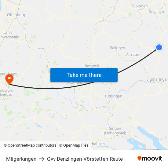 Mägerkingen to Gvv Denzlingen-Vörstetten-Reute map