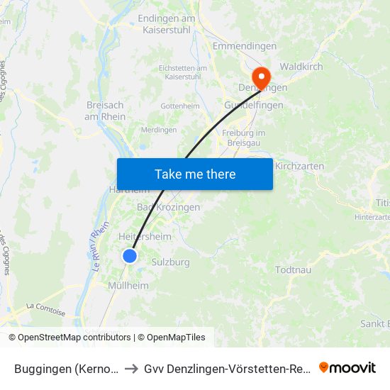 Buggingen (Kernort) to Gvv Denzlingen-Vörstetten-Reute map