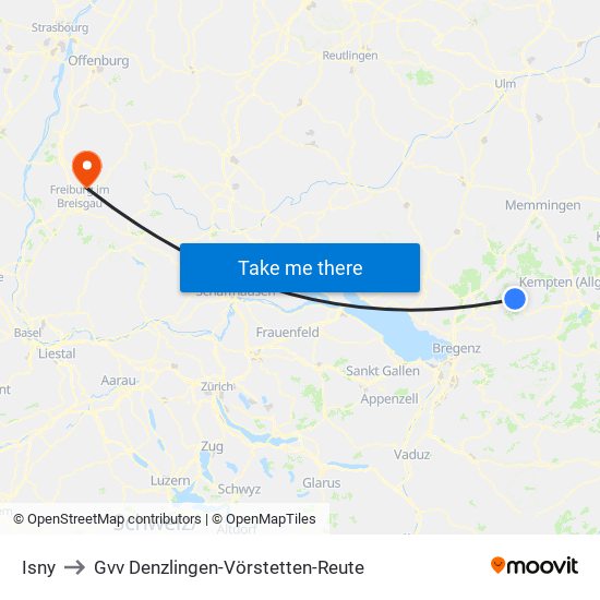 Isny to Gvv Denzlingen-Vörstetten-Reute map