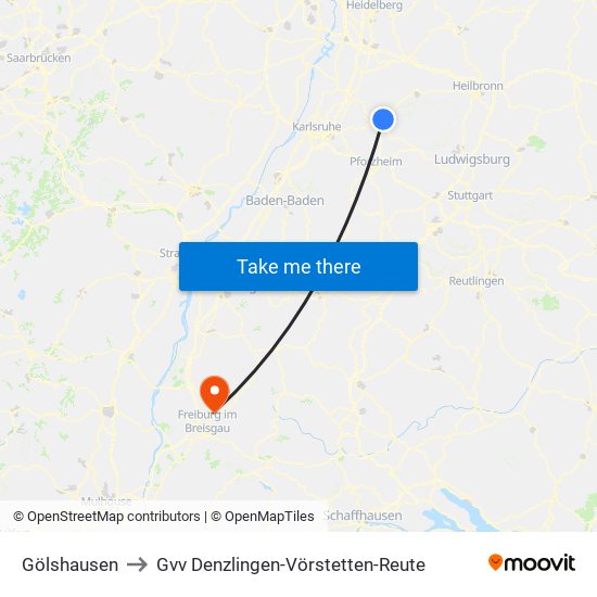 Gölshausen to Gvv Denzlingen-Vörstetten-Reute map