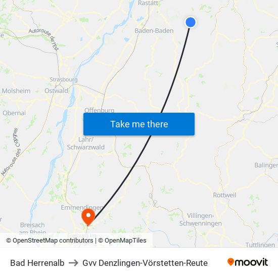 Bad Herrenalb to Gvv Denzlingen-Vörstetten-Reute map