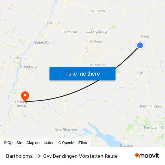 Bartholomä to Gvv Denzlingen-Vörstetten-Reute map