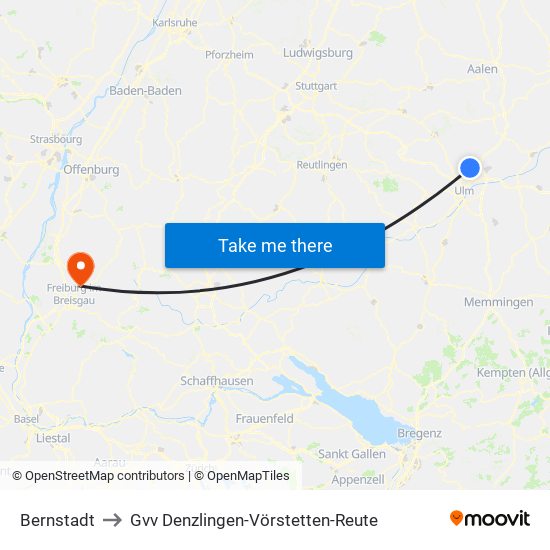 Bernstadt to Gvv Denzlingen-Vörstetten-Reute map