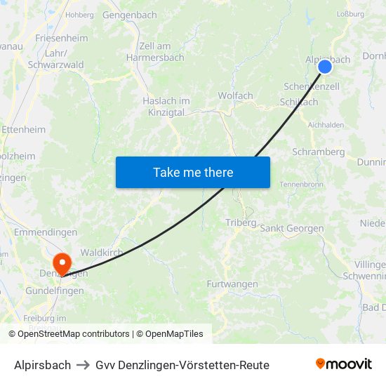 Alpirsbach to Gvv Denzlingen-Vörstetten-Reute map