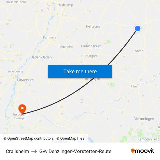 Crailsheim to Gvv Denzlingen-Vörstetten-Reute map