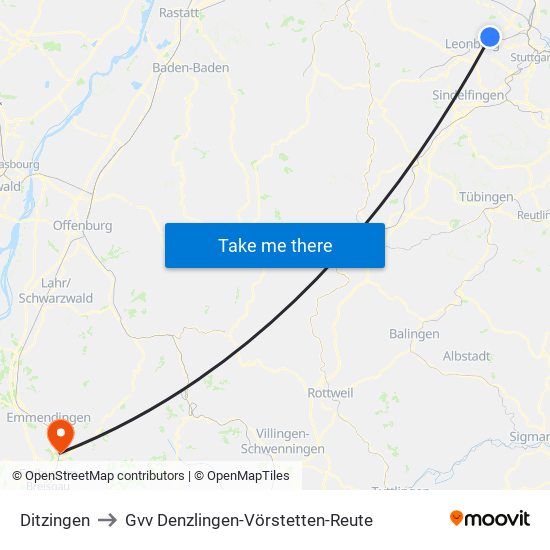 Ditzingen to Gvv Denzlingen-Vörstetten-Reute map