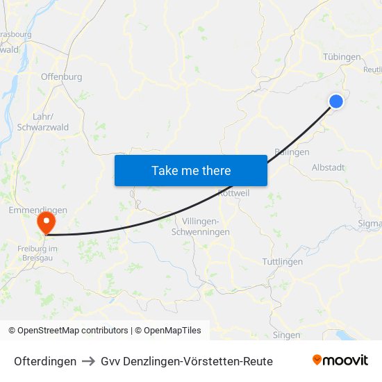 Ofterdingen to Gvv Denzlingen-Vörstetten-Reute map