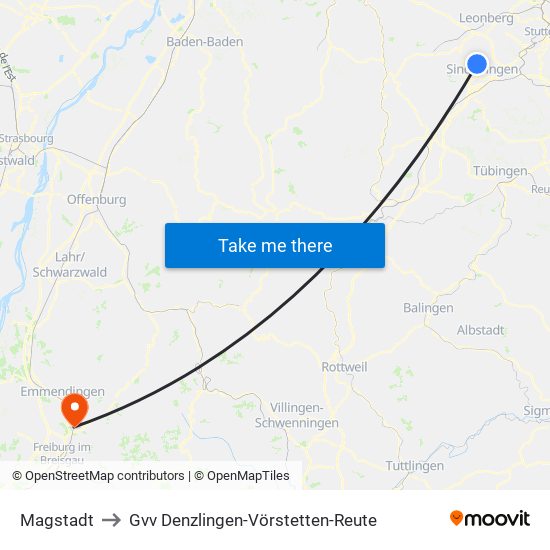 Magstadt to Gvv Denzlingen-Vörstetten-Reute map