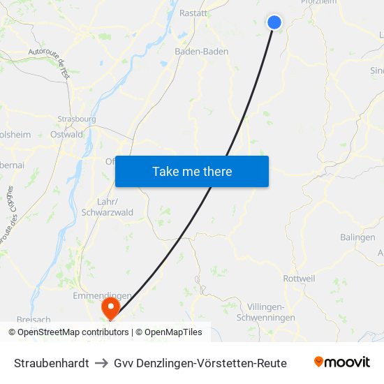 Straubenhardt to Gvv Denzlingen-Vörstetten-Reute map