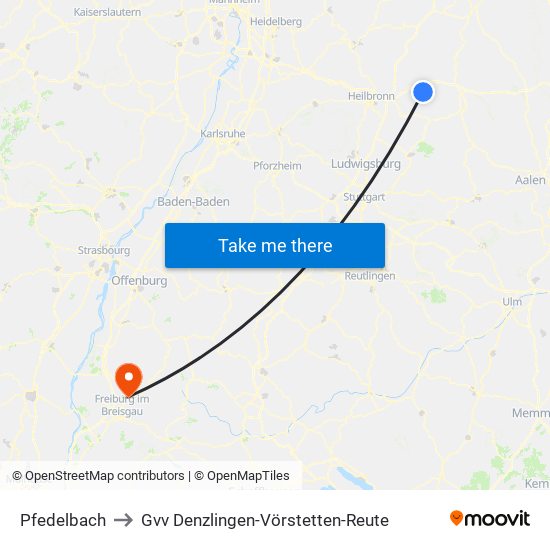 Pfedelbach to Gvv Denzlingen-Vörstetten-Reute map