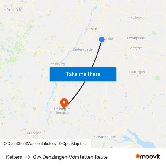 Keltern to Gvv Denzlingen-Vörstetten-Reute map