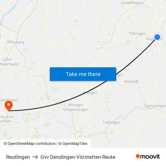 Reutlingen to Gvv Denzlingen-Vörstetten-Reute map