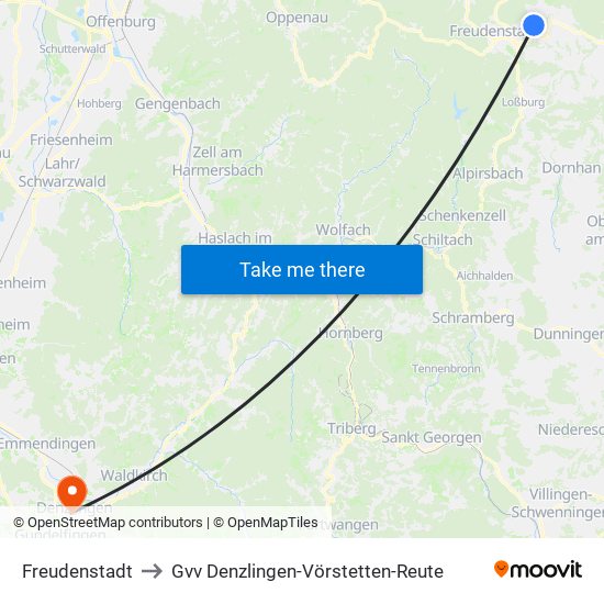 Freudenstadt to Gvv Denzlingen-Vörstetten-Reute map