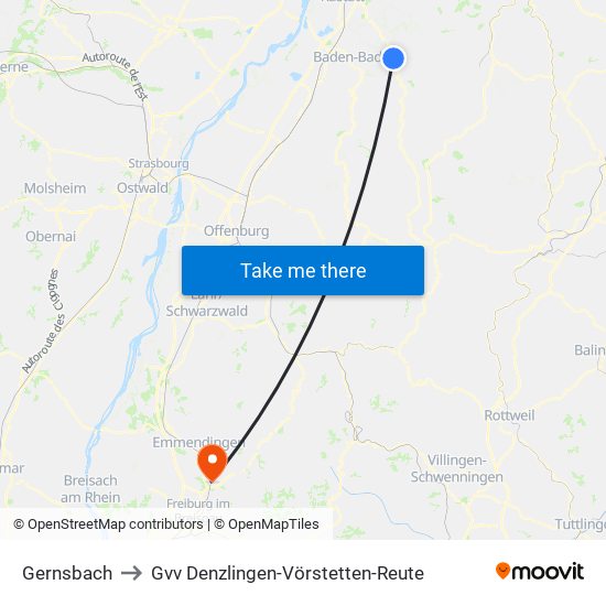 Gernsbach to Gvv Denzlingen-Vörstetten-Reute map