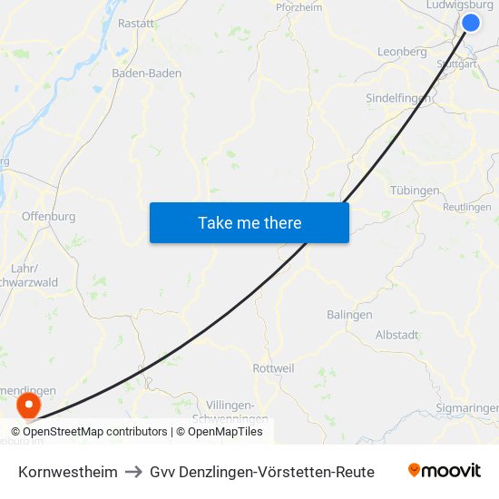 Kornwestheim to Gvv Denzlingen-Vörstetten-Reute map