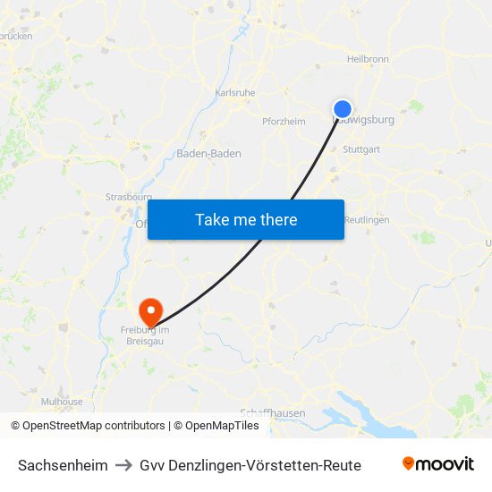 Sachsenheim to Gvv Denzlingen-Vörstetten-Reute map