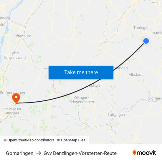 Gomaringen to Gvv Denzlingen-Vörstetten-Reute map