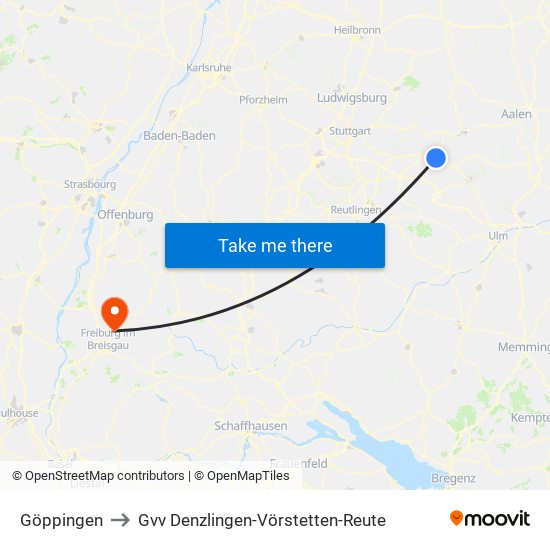 Göppingen to Gvv Denzlingen-Vörstetten-Reute map