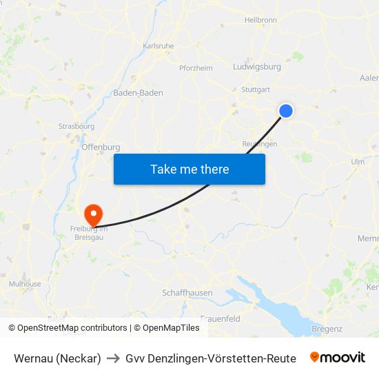 Wernau (Neckar) to Gvv Denzlingen-Vörstetten-Reute map