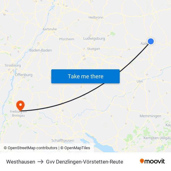 Westhausen to Gvv Denzlingen-Vörstetten-Reute map