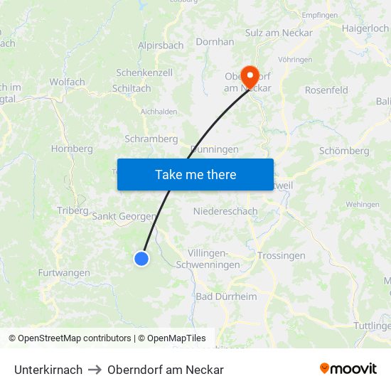 Unterkirnach to Oberndorf am Neckar map