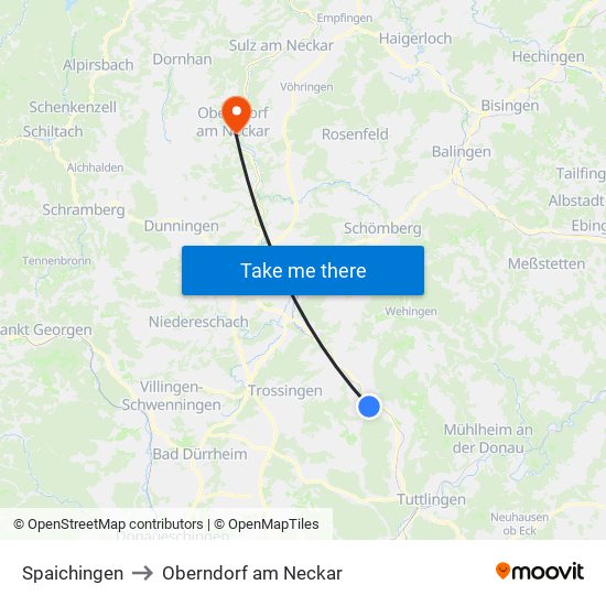 Spaichingen to Oberndorf am Neckar map