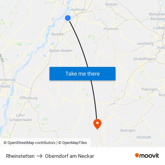 Rheinstetten to Oberndorf am Neckar map