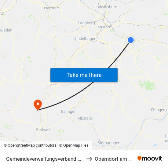 Gemeindeverwaltungsverband Plochingen to Oberndorf am Neckar map