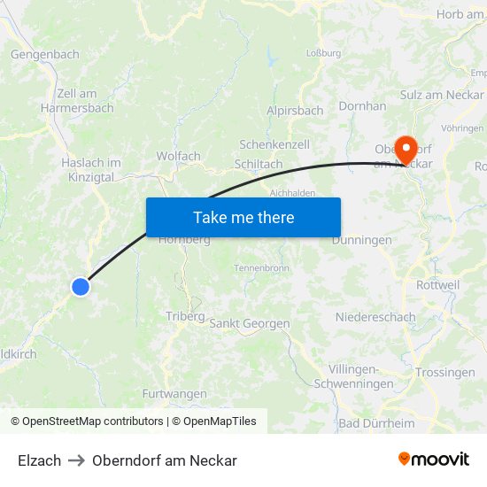 Elzach to Oberndorf am Neckar map